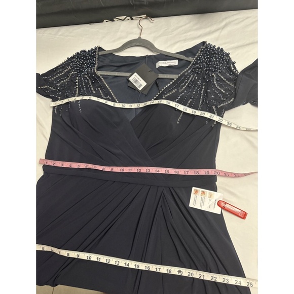 NWT $398 Mac Duggal [ 18 ] Embellished Accents‎ Faux Wrap Jersey Gown Blue - Picture 3 of 15